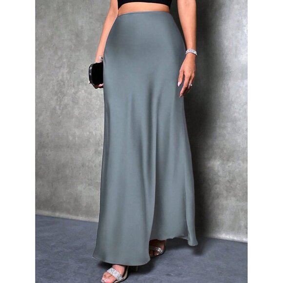 Satin maxi skirt long minimalist luxe classy dusty blue - Picture 1 of 9
